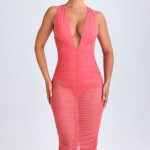Ruched Plunge Midaxi Dress in Coral - Image 6