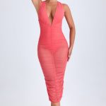 Ruched Plunge Midaxi Dress in Coral - Image 7