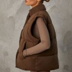 Cropped Puffer Jacket with Detachable Sleeves in Cocoa Brown - Image 3