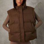 Cropped Puffer Jacket with Detachable Sleeves in Cocoa Brown - Image 5