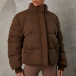 Cropped Puffer Jacket with Detachable Sleeves in Cocoa Brown - Image 6