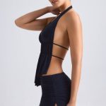 Cut-Out Ruched Halterneck Crop Top in Black - Image 3