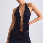 Cut-Out Ruched Halterneck Crop Top in Black - Image 11