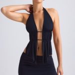 Cut-Out Ruched Halterneck Crop Top in Black - Image 13