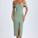 Off-Shoulder Midaxi Dress in Khaki Green - Image 2