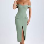 Off-Shoulder Midaxi Dress in Khaki Green - Image 6