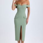 Off-Shoulder Midaxi Dress in Khaki Green - Image 7
