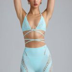 Embellished Cross-Strap Bikini Top in Ice Blue