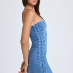Bandeau Lace-Up Mini Dress in Mid Blue Stonewash - Image 3