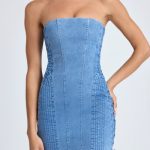 Bandeau Lace-Up Mini Dress in Mid Blue Stonewash - Image 4