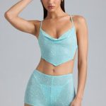 Embellished Mid-Rise Hot Pant Shorts in Ice Blue - Image 5
