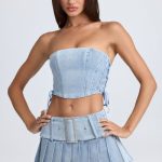 Belted Pleated Low-Rise Micro Mini Skirt in Light Blue Stonewash