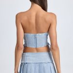 Belted Pleated Low-Rise Micro Mini Skirt in Light Blue Stonewash - Image 2