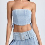 Belted Pleated Low-Rise Micro Mini Skirt in Light Blue Stonewash - Image 4
