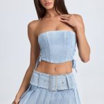 Belted Pleated Low-Rise Micro Mini Skirt in Light Blue Stonewash - Image 5