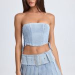 Belted Pleated Low-Rise Micro Mini Skirt in Light Blue Stonewash - Image 6