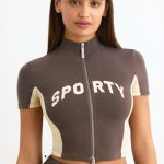 Colourblock Zip-Up Crop Top in Espresso - Image 5