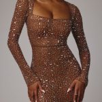 Sheer Embellished Long Sleeve Evening Gown in Mocha - Image 4