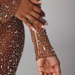 Sheer Embellished Long Sleeve Evening Gown in Mocha - Image 6