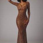 Sheer Embellished Long Sleeve Evening Gown in Mocha - Image 8