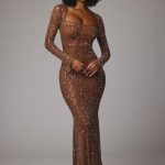 Sheer Embellished Long Sleeve Evening Gown in Mocha - Image 9