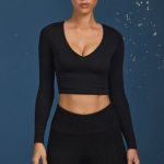 Ruched Long-Sleeve Crop Top in Black