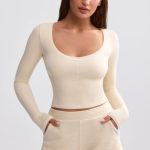 Ribbed Modal V-Neck Crop Top in Cream - Image 5