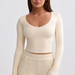 Ribbed Modal V-Neck Crop Top in Cream - Image 6