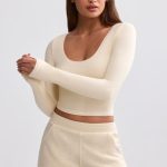 Ribbed Modal V-Neck Crop Top in Cream - Image 7