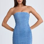 Bandeau Lace-Up Mini Dress in Mid Blue Stonewash