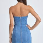 Bandeau Lace-Up Mini Dress in Mid Blue Stonewash - Image 2
