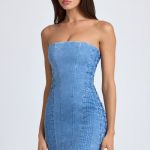 Bandeau Lace-Up Mini Dress in Mid Blue Stonewash - Image 5