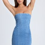 Bandeau Lace-Up Mini Dress in Mid Blue Stonewash - Image 6