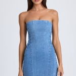 Bandeau Lace-Up Mini Dress in Mid Blue Stonewash - Image 7