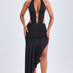 Asymmetric Cut-Out Halterneck Midaxi Dress in Black