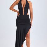 Asymmetric Cut-Out Halterneck Midaxi Dress in Black - Image 8