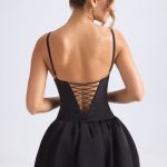 Lace-Up Bubble Hem Corset Micro Mini Dress in Black - Image 2