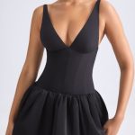 Lace-Up Bubble Hem Corset Micro Mini Dress in Black - Image 4