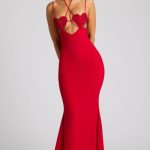 Embellished Heart Cup Detail Evening Gown in Fire Red - Image 7