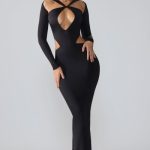 Premium Jersey Long Sleeve Cut Out Maxi Dress in Black - Image 7