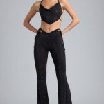 Embellished Cut-Out Flared Trousers in Black