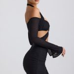 Off-Shoulder Ruched Cut-Out Mini Dress in Black - Image 3