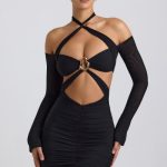 Off-Shoulder Ruched Cut-Out Mini Dress in Black - Image 5