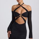 Off-Shoulder Ruched Cut-Out Mini Dress in Black - Image 7