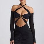 Off-Shoulder Ruched Cut-Out Mini Dress in Black - Image 8
