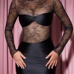 Long-Sleeve Lace-Panel Draped Bodycon Mini Dress in Black - Image 4