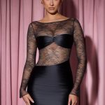 Long-Sleeve Lace-Panel Draped Bodycon Mini Dress in Black - Image 7