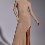 Embellished Long Sleeve Evening Gown in Gold