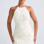 Floral-Appliqu?? Halterneck A-Line Mini Dress in White