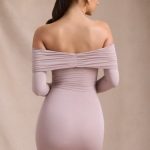 Modal-Cashmere Blend Off-Shoulder Ruched Mini Dress in Taupe - Image 3